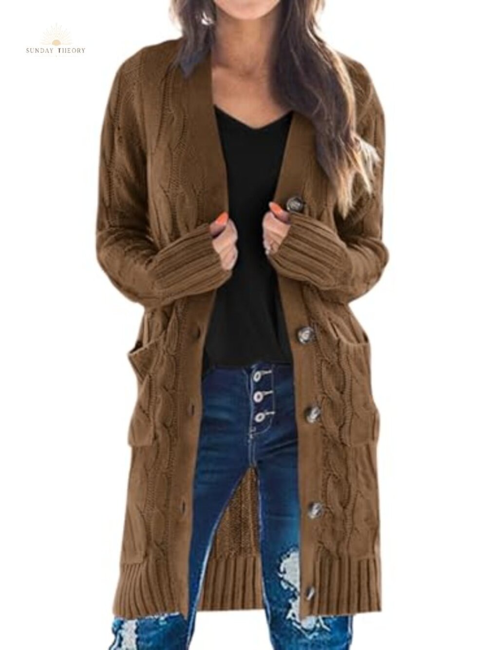 PRETTYGARDEN Cable Knit Button Down Long Cardigan Sweater with Pockets